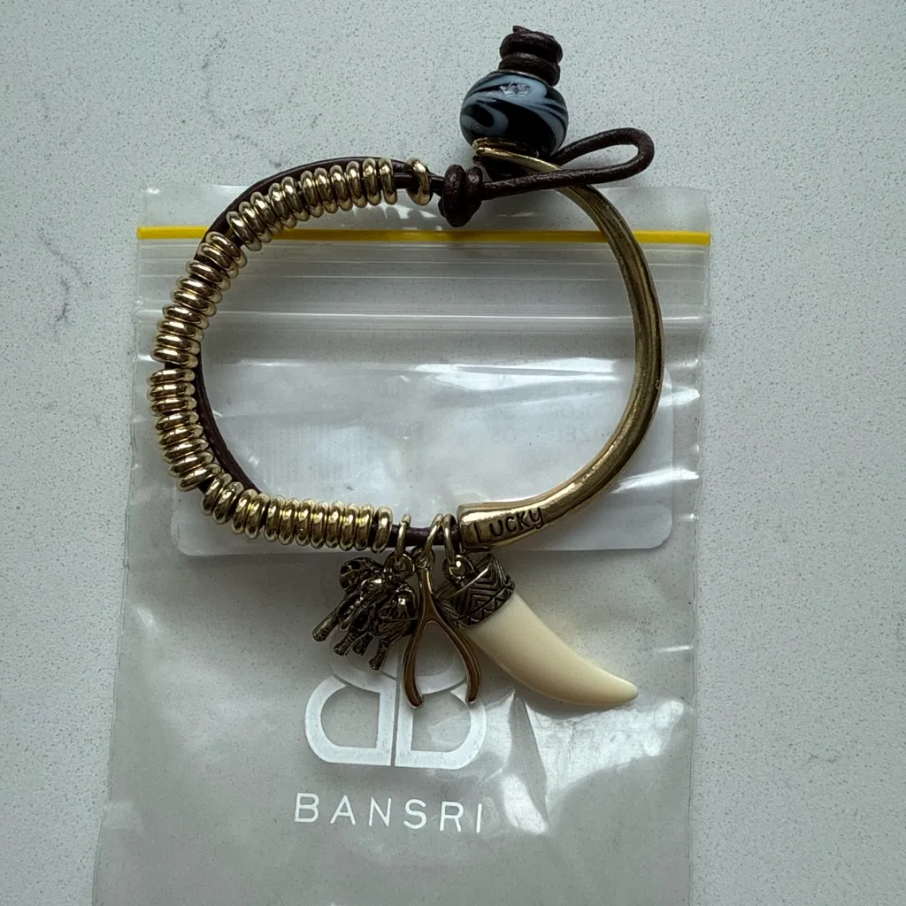 Bansri Lucky Charm Bracelet Gold Coil Leather Elephant, Wishbone & Tusk Pendant‎ Brown - Image 2