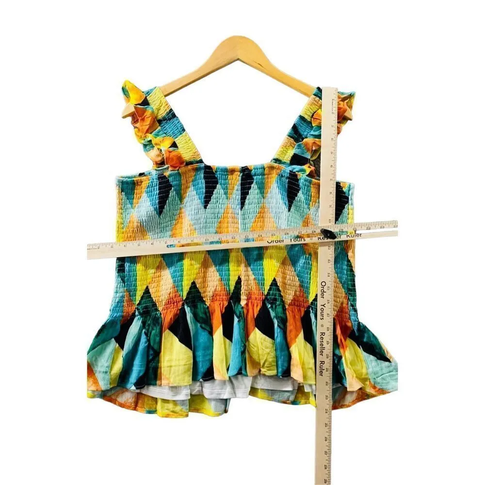 Torrid Blouse Womens 1X 14 16 Geo Multicolor Peplum Crinkle Gauze Tank Smocked - Image 5