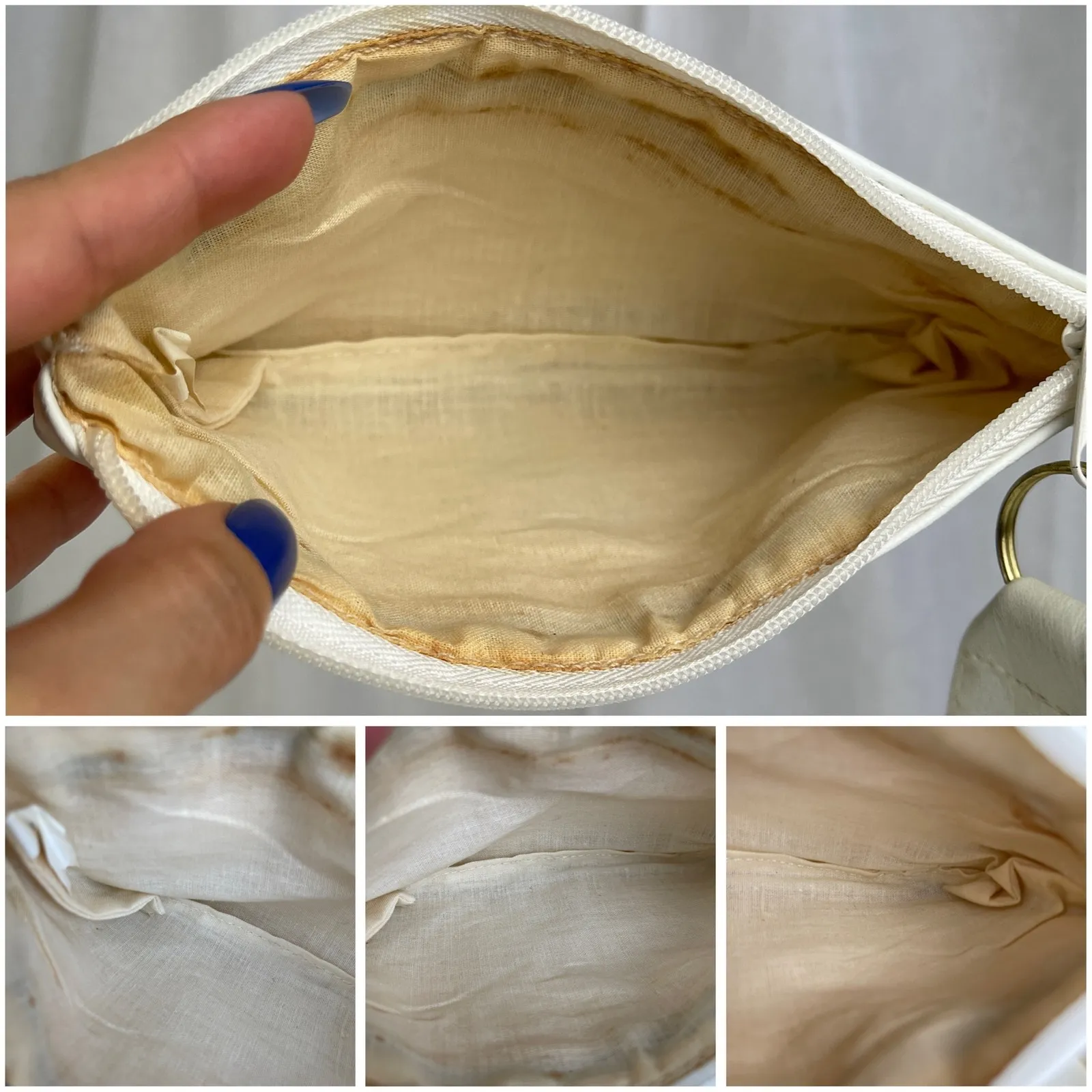 VTG 70s 80s White Leather Makeup Bag Travel Purse Coin Pouch Cosmetic Case - Image 12