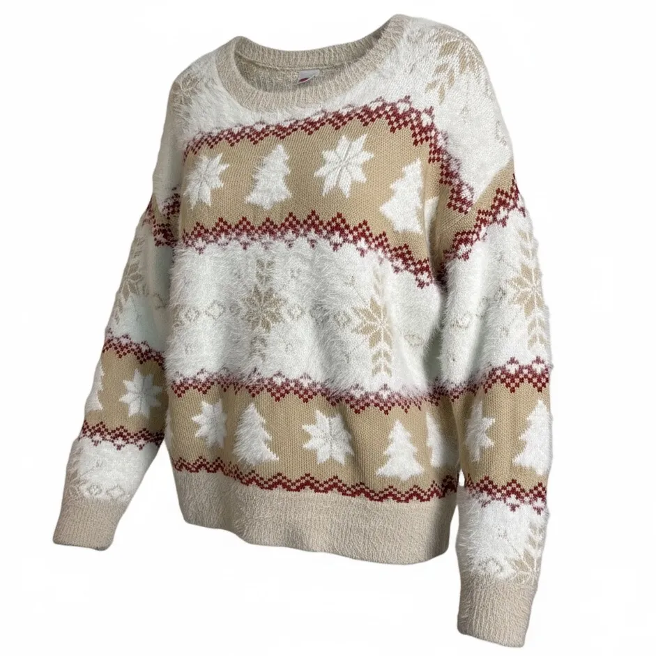 Women's Large (12-14) Beige White Fuzzy Christmas Sweater Tree Snowflakes - Image 3