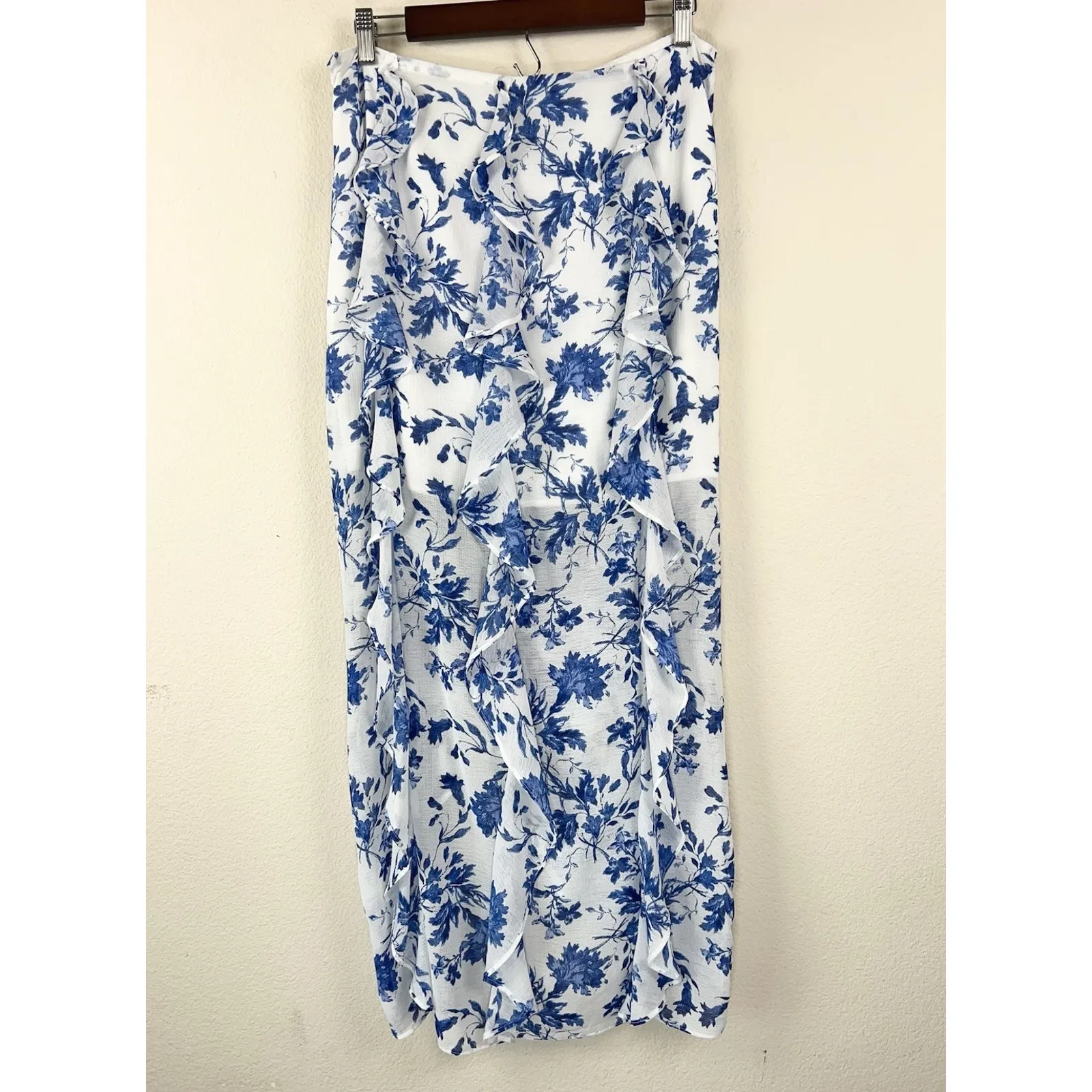 Free People Flounce Around Maxi Skirt Blue White Floral Ruffle Slit Sz 8 - Image 11