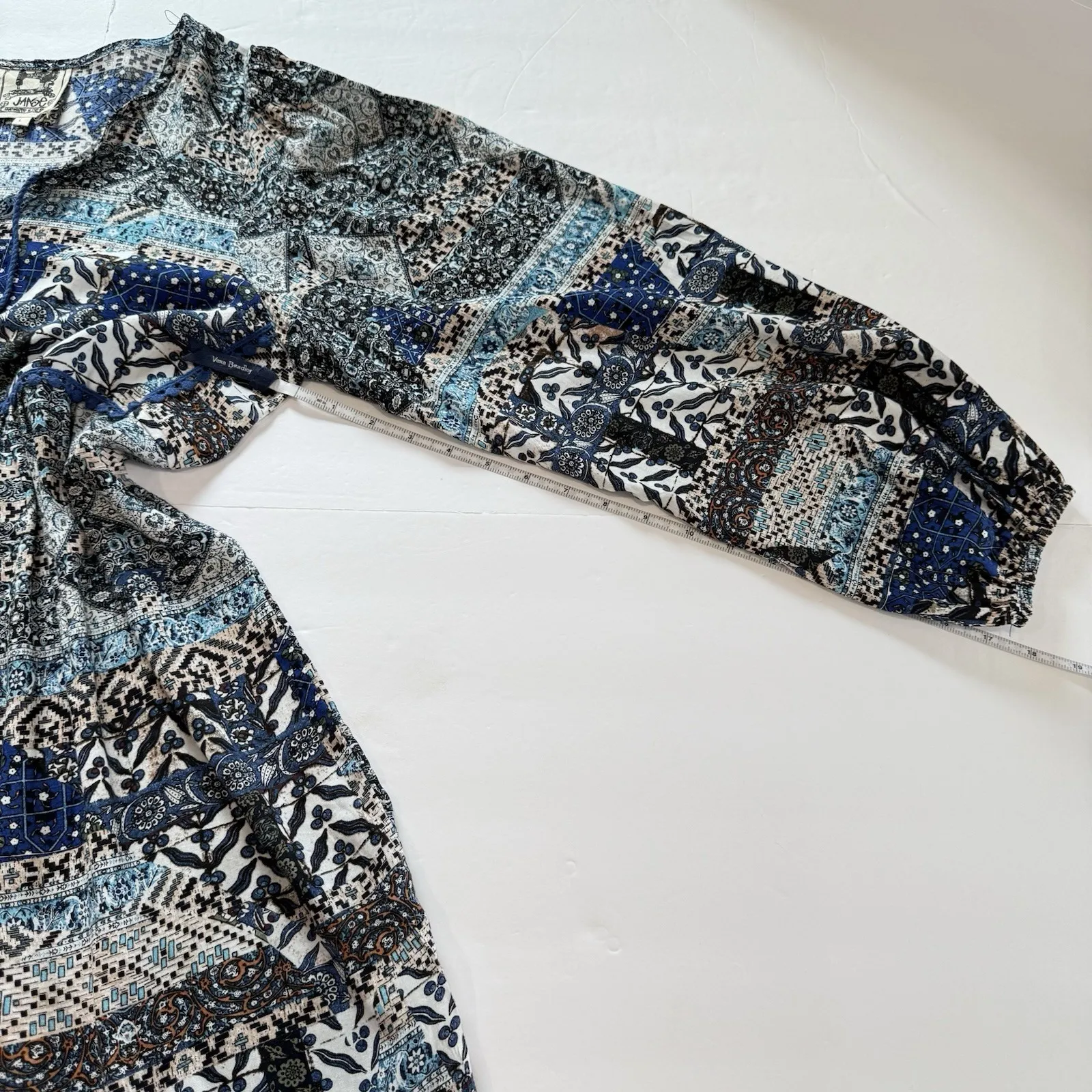 Jaase Blue Floral Babydoll‎ Long Sleeve Boho Tassels Flare Dress Size LARGE - Image 9