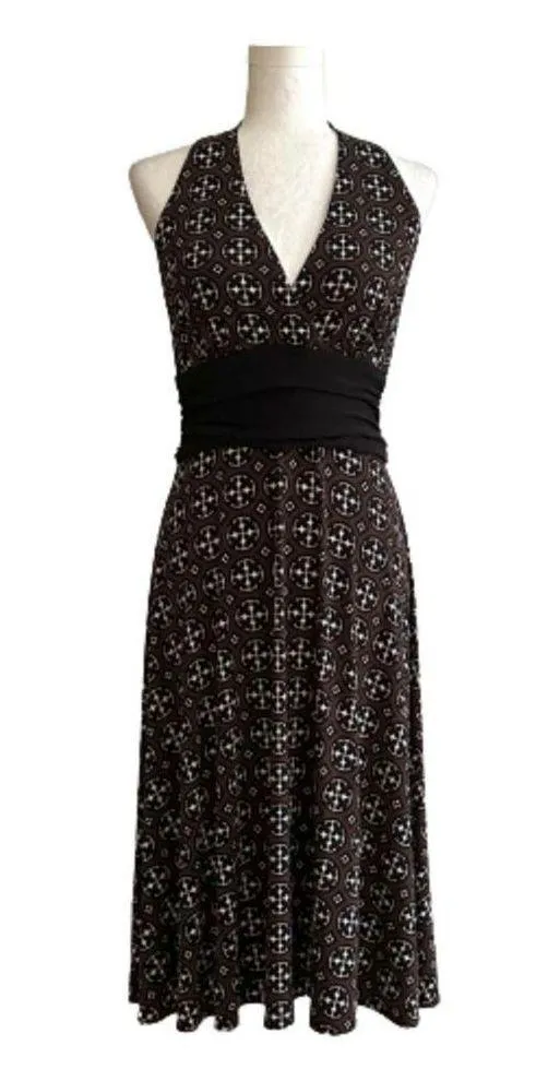 Donna Morgan Dress Halter Brown Black White Print Ruched Waist Dress Size 8 NEW - Image 11