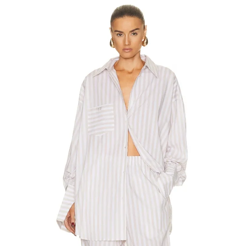 Helsa Cotton Poplin Striped Oversized Button Front Shirt Top Beige Stripe OS - Image 6
