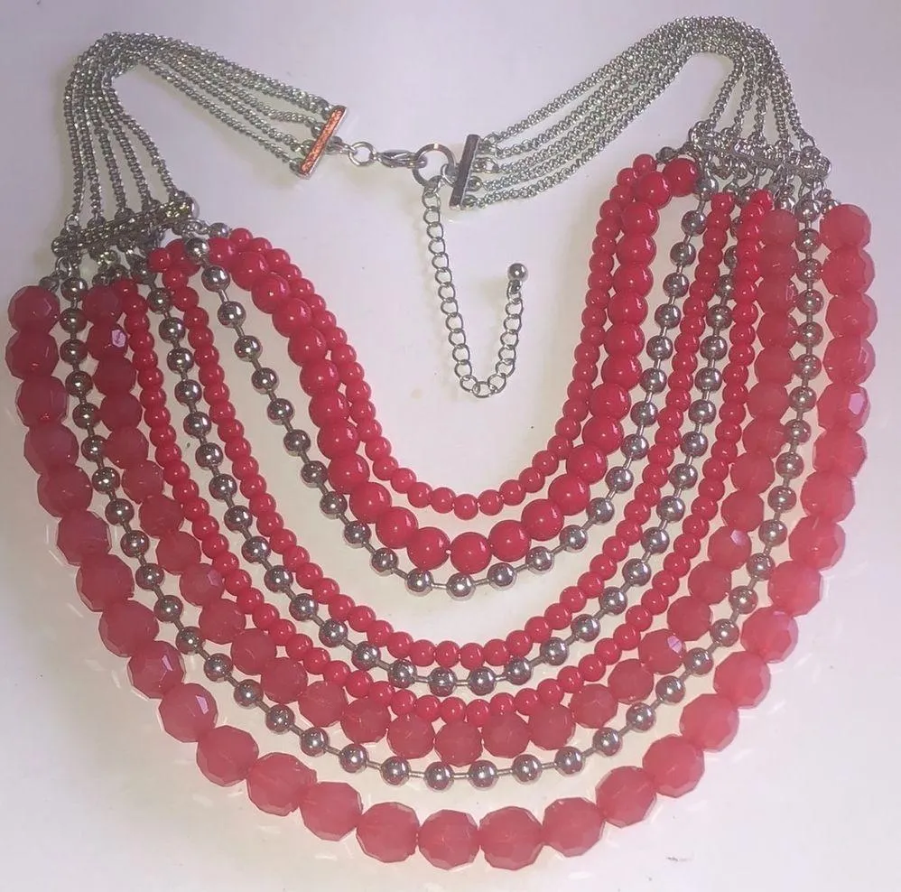 Silver Tone & Pink Multi Strand Beaded Boho Chain Retro Statement Necklace - Image 6