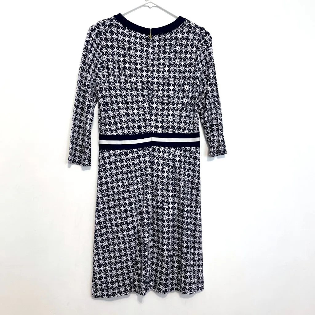 DRAPER JAMES Honeycomb Floral Dress Navy Blue White 3/4 Sleeve Fit & Flare Dress - Image 12