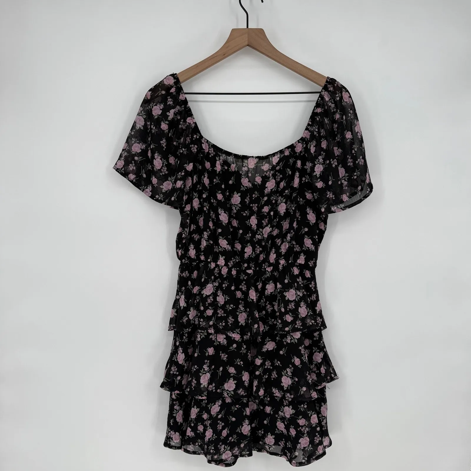 ROW A Black Pink Floral Ruffle Tiered Mini Dress Short Sleeve Square Neck M Size M - Image 6