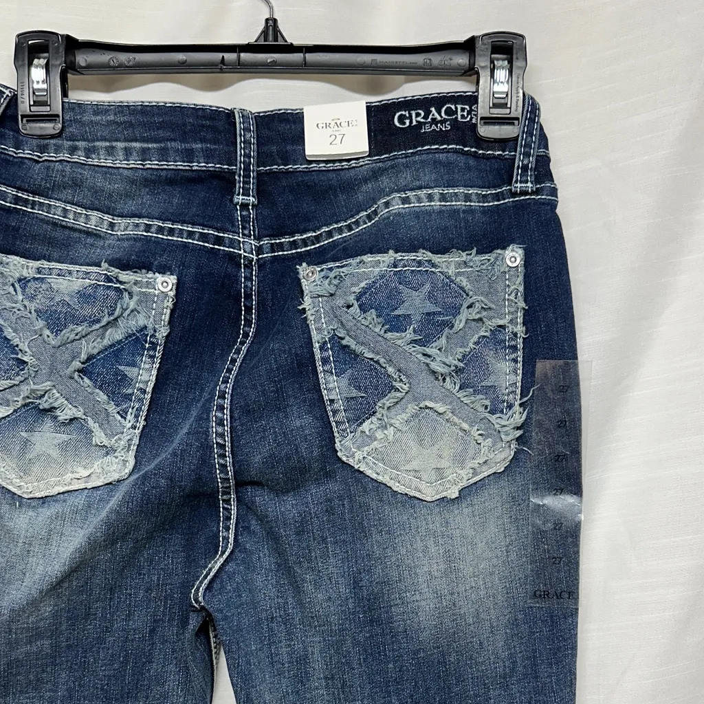 Grace Dark Blue Flare Jeans with Patterned Hem and Leg Size 27 - Image 6