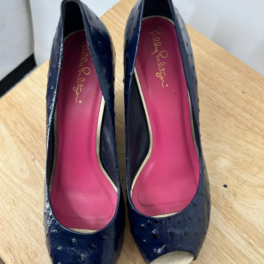 LILLY PULITZER CORK wedge blue leather peep toe heels women’s shoes size 8 1/2 - Image 9