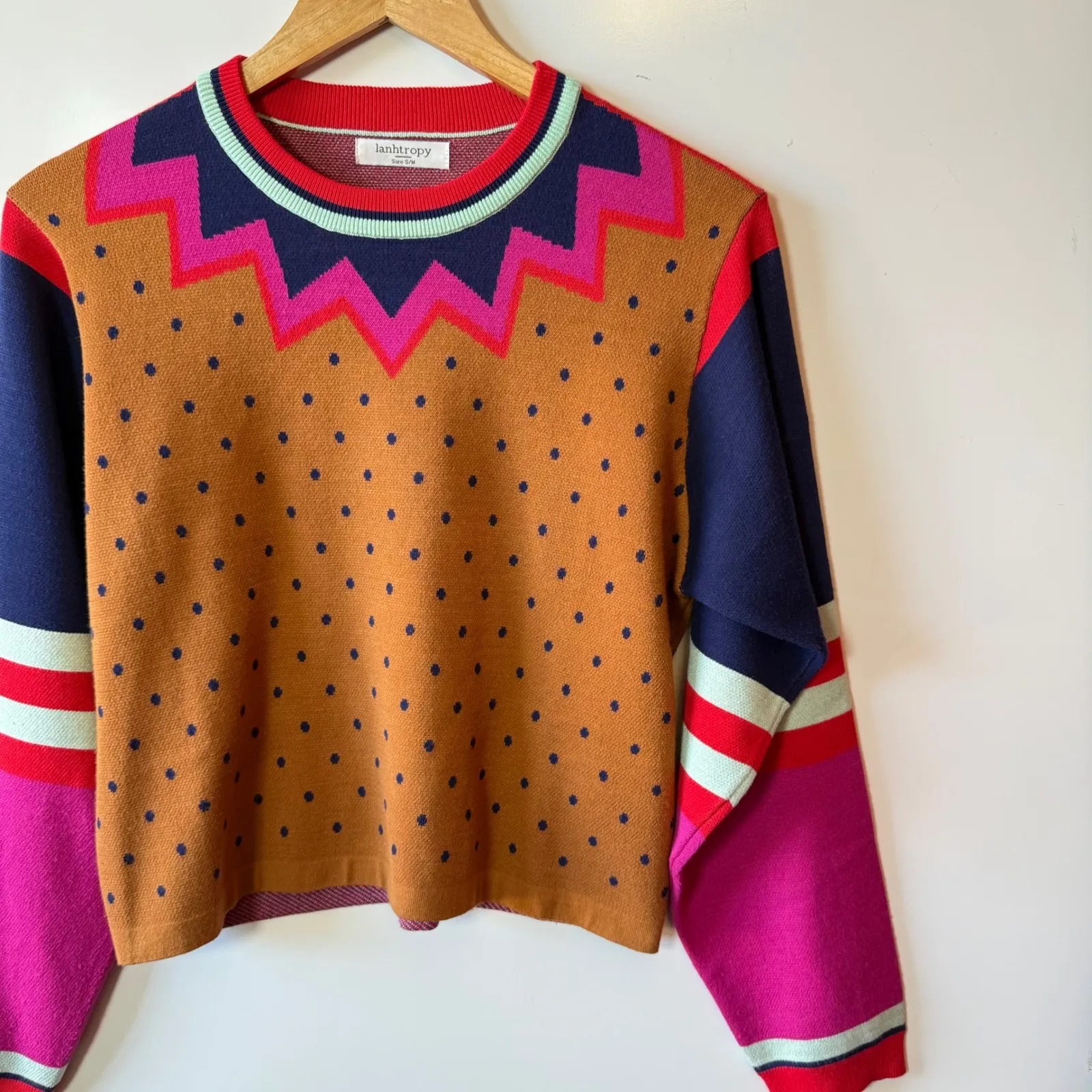 Lanhtropy Multi Color Polka Dot Geometric Knit Crew Neck Sweater S/M Brown Size undefined - Image 5