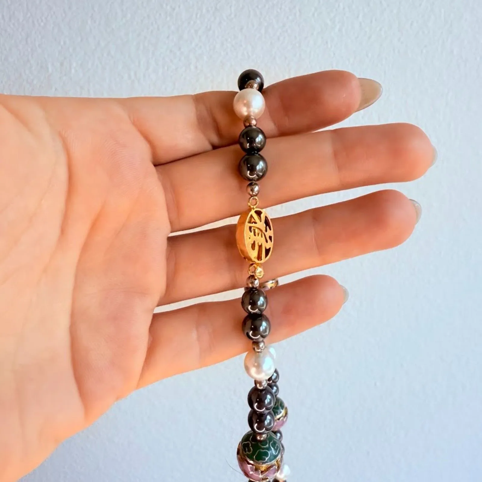 Vintage Chinese Cloisonne Beaded Hematite & Faux Pearl Necklace Fu Clasp Silver - Image 4