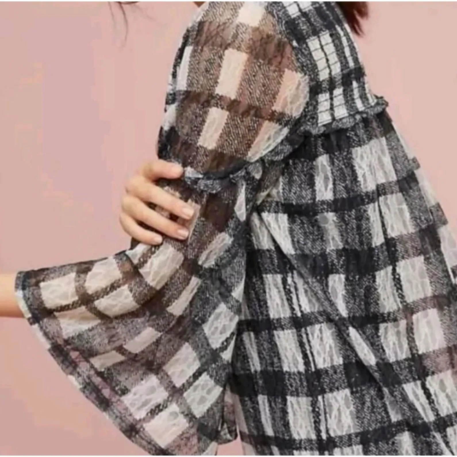 Akemi + Kin by Anthropologie Black Patrizia Sheer Lace Plaid Top - Size - Large - Image 2