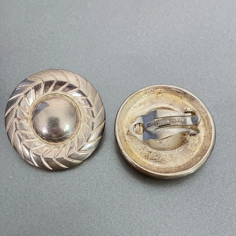 Vintage ERWIN PEARL Silvertone round Clip On Statement Bold Earrings Silver - Image 2