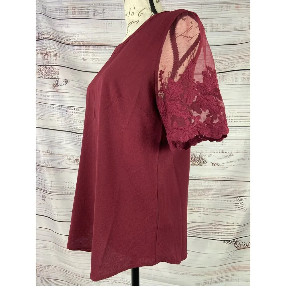 Lulus Sheer Floral Sleeve Blouse Top Womens S Embroidery Keyhole Back Burgundy - Image 2