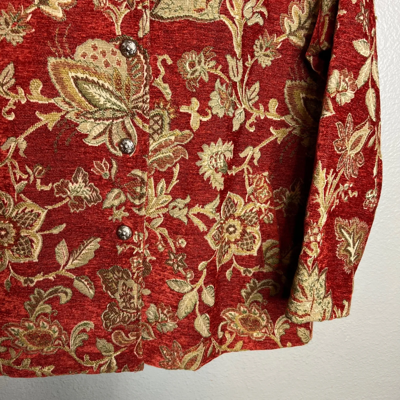 Erin London Floral Tapestry Button‎ Down Jacket Size L Red Gold Foilage Boho Size L - Image 5