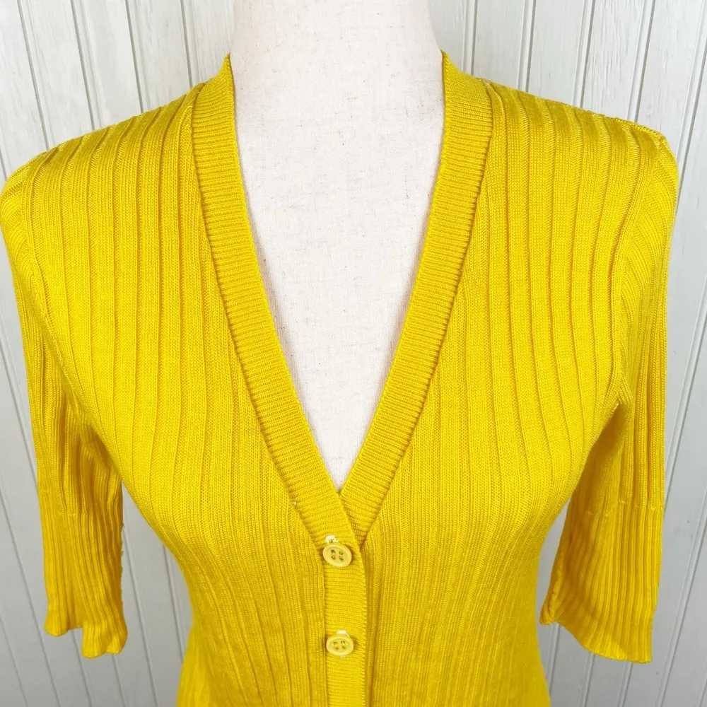 Vintage 70s 80s Women's Sears Bright Yellow Acrylic Ribbed Knit Cardigan Sweater - Image 7