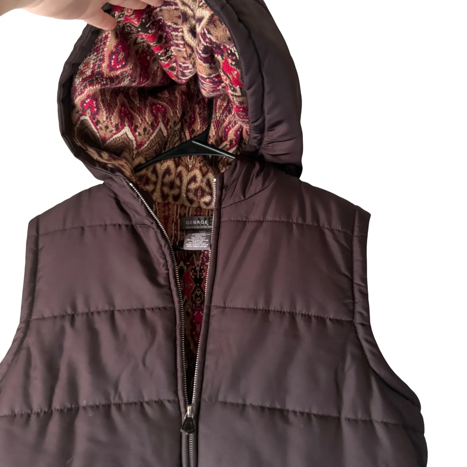 George Design Vintage Y2k Quilted Puffer Vest Hooded Chocolate Brown L Fair Isle Size L - Image 2