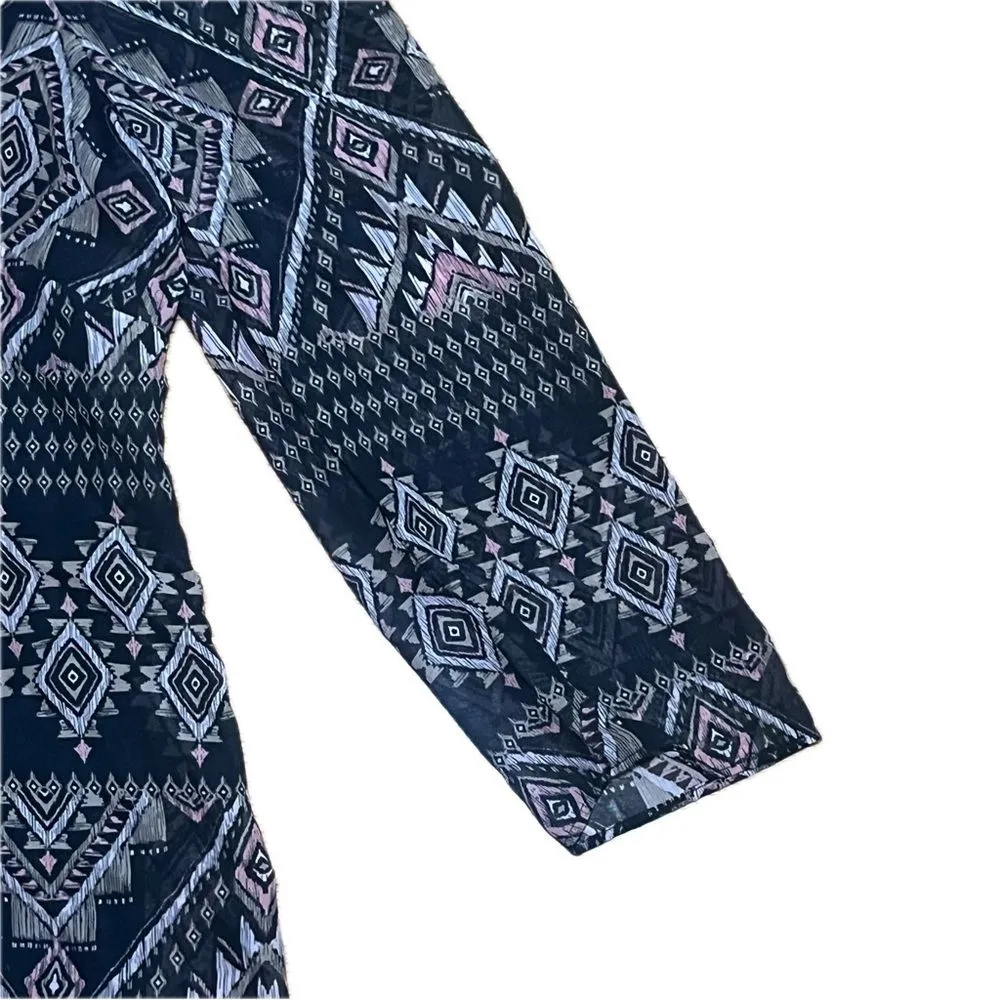 Vince Camuto Sheer Sleeve Geo Print Split Tie Neck Midi Dress Black Tan Sz 12 - Image 5