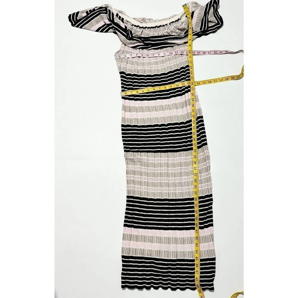 Free People Off Duty Striped Off the Shoulder‎ Midi Sweater Dress Tan Pink Large - Image 6
