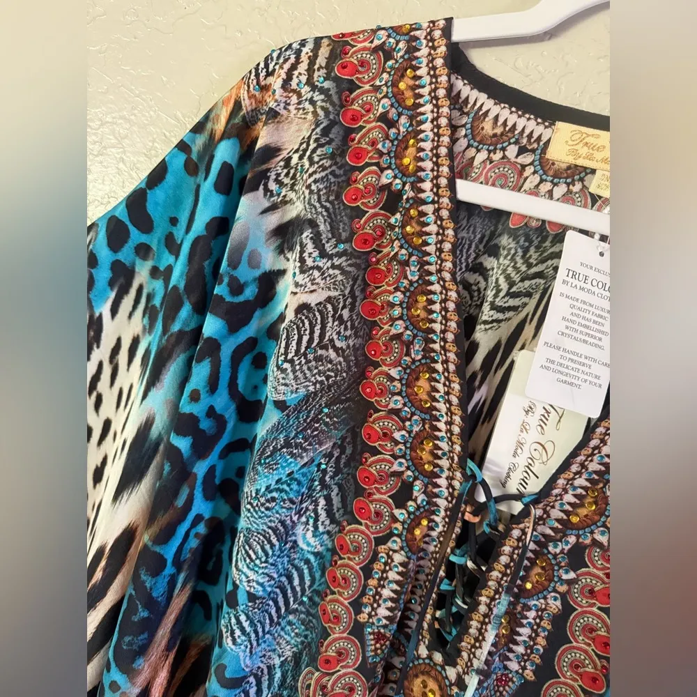 NWT~TRUE COLOURS La Moda Clothing Kaftan w/ Crystals /Beading Swim Cover Up /Top Blue Size undefined - Image 4