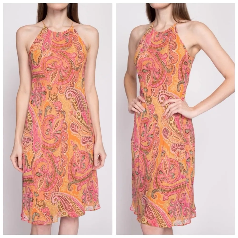 VTG Ann Taylor Silk Pink & Orange Paisley Print Slip Dress, Midi Length sz. 8P - Image 14