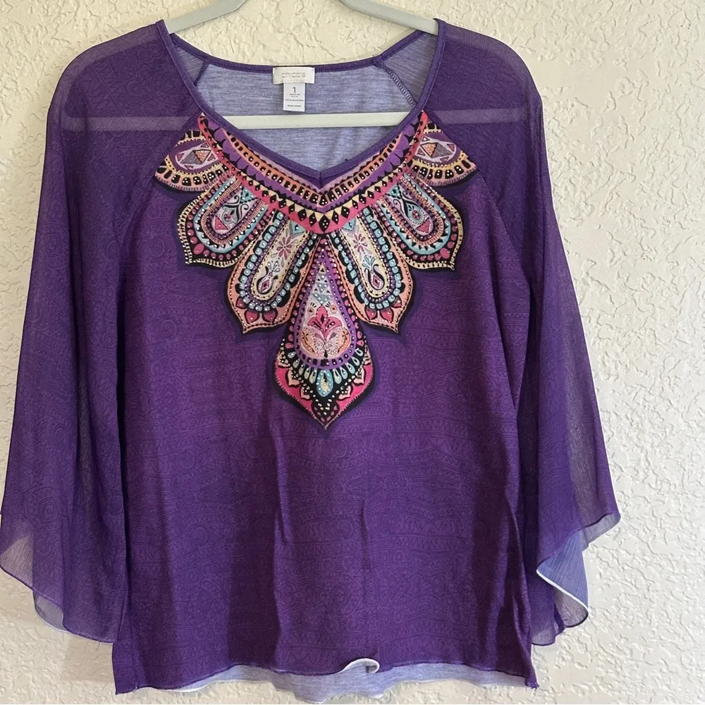 Chico's Purple Tunic Top Embroidered & Rhinestone Accents 3/4 Bell Sleeve Size 1 - Image 2