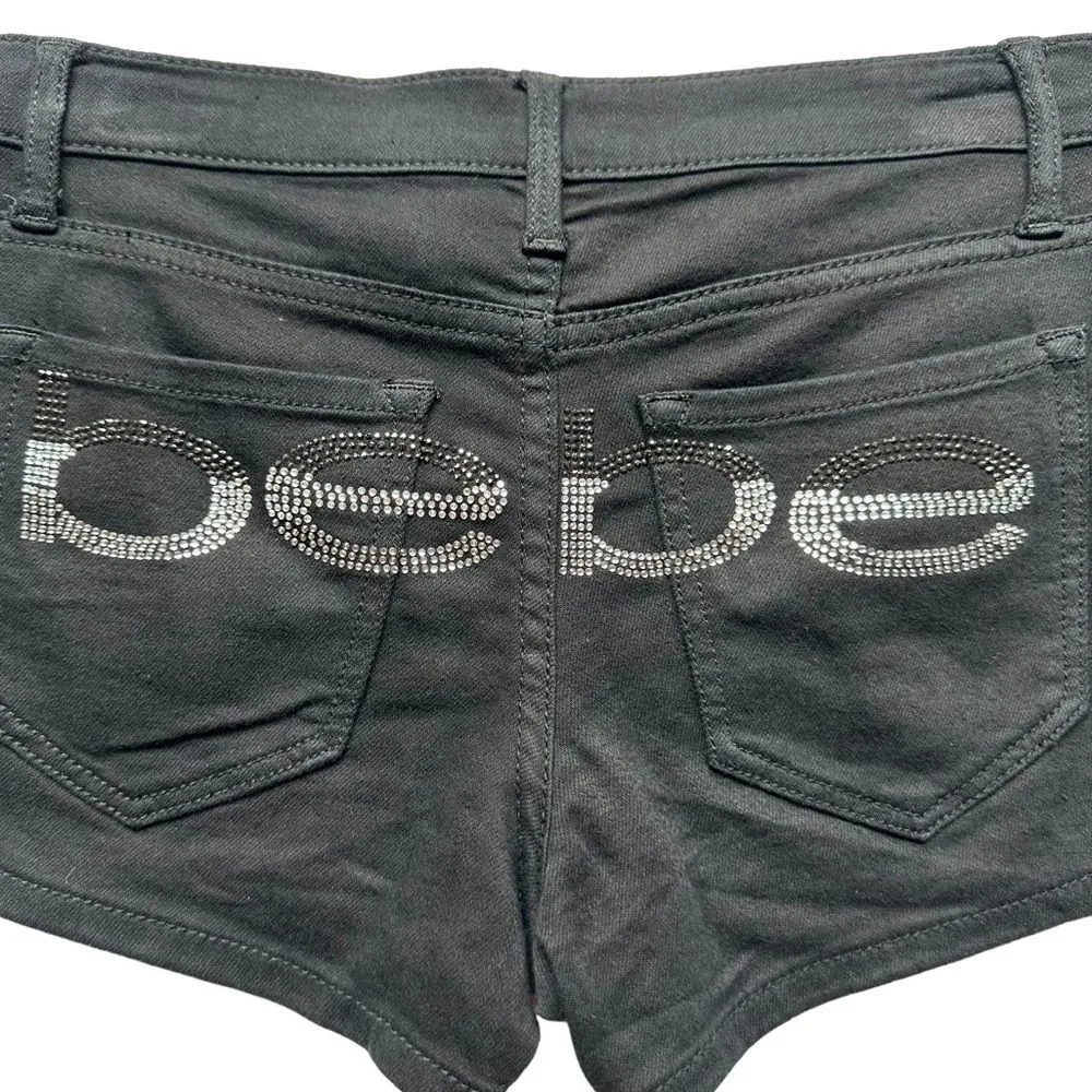 🔃Bebe Rhinestone Bling Crystal Embellished Back Logo Black Denim Jean Shorts - Image 3