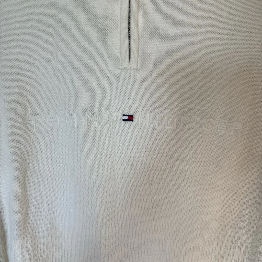 Tommy Hilfiger Sweater Women's Large White Ribbed 1/4 Zip Mock Neck Embroidered - Image 2