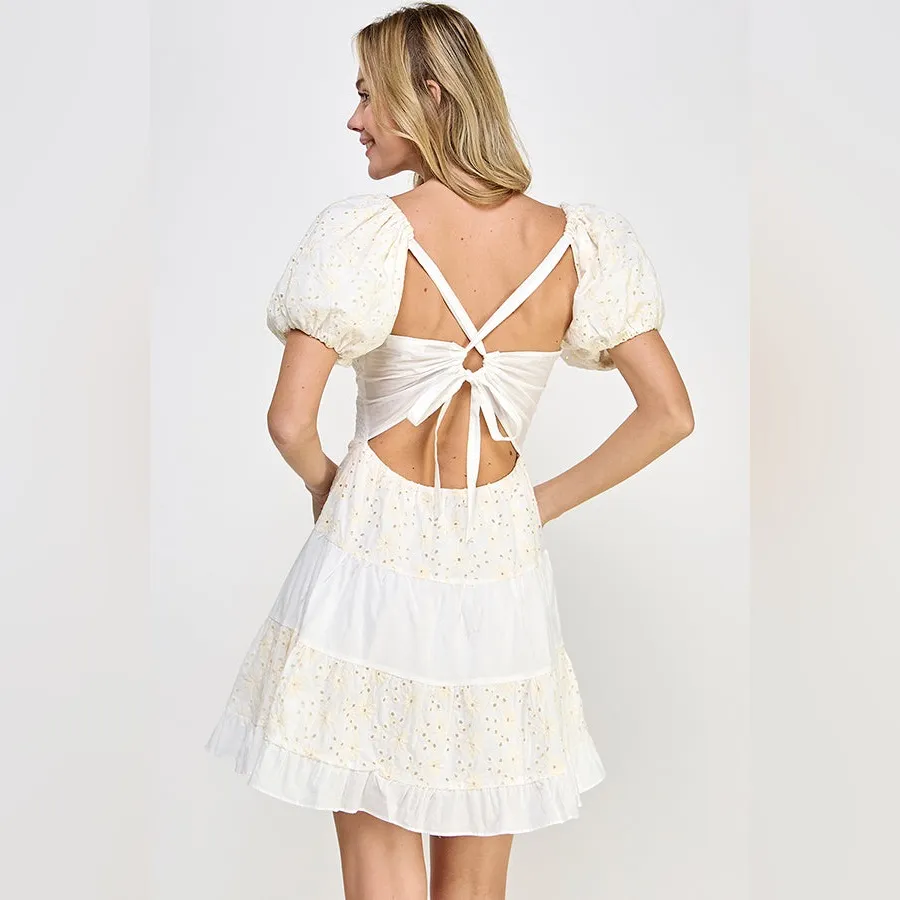 NWT Rubienn Eyelet Tired Back Tie Frill Mini Dress In Off White - Image 4