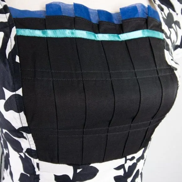 Vintage floral print black‎ white, square neck, bubble short sleeve sheath dress Black Size XXS - Image 8