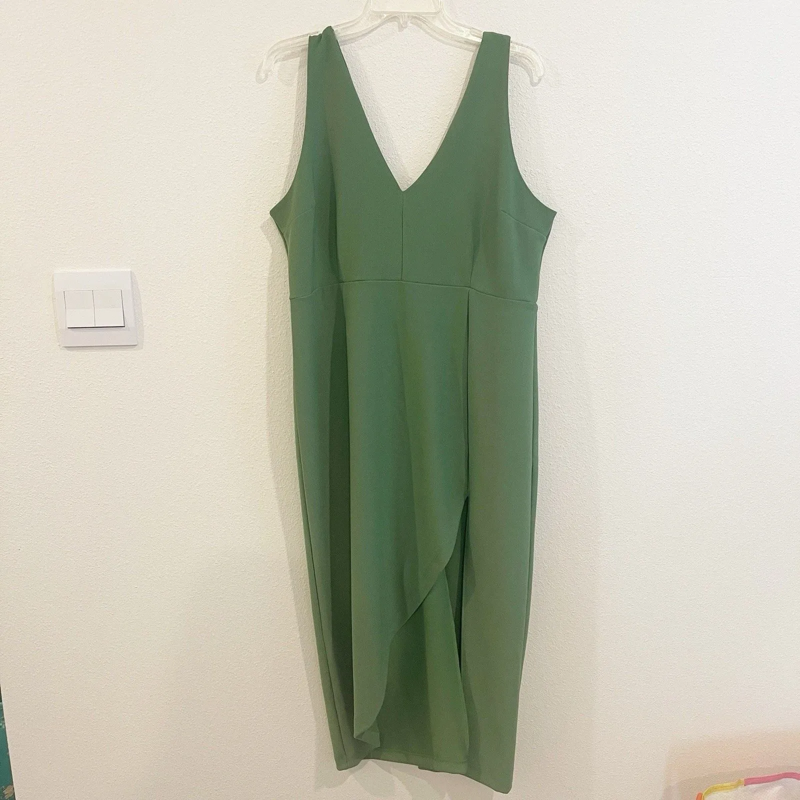 Abercrombie & Fitch Women Dress Sz XL Petite Green Preppy Midi V Plunge Slit - Image 3