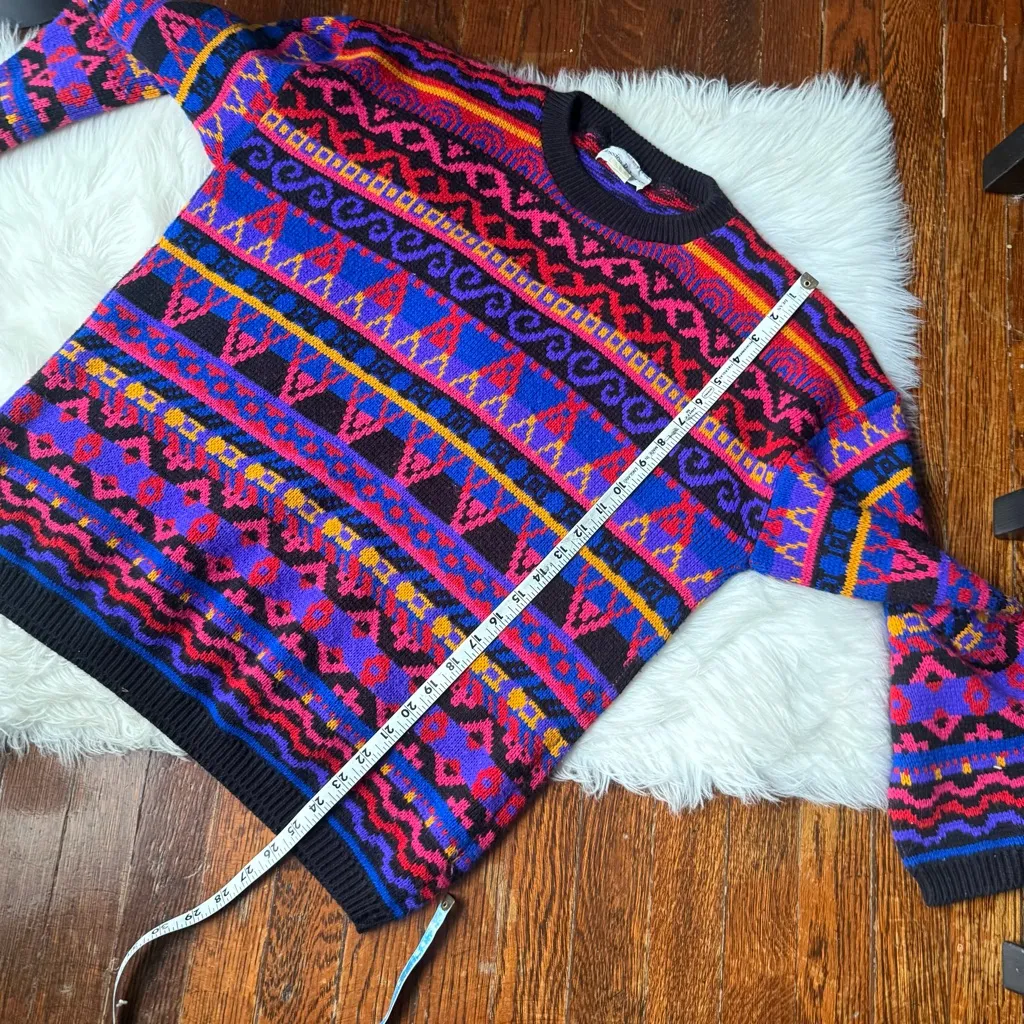 90s BOLD Fair Isle Cozy Sweater Made in USA Black Size M - Image 4