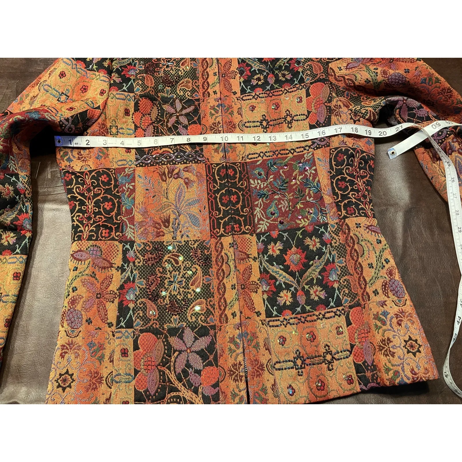 Ellen‎ Fig Womens Medium Multi Color Floral Full Zip Lined Beaded Blazer Jacket Orange - Image 15