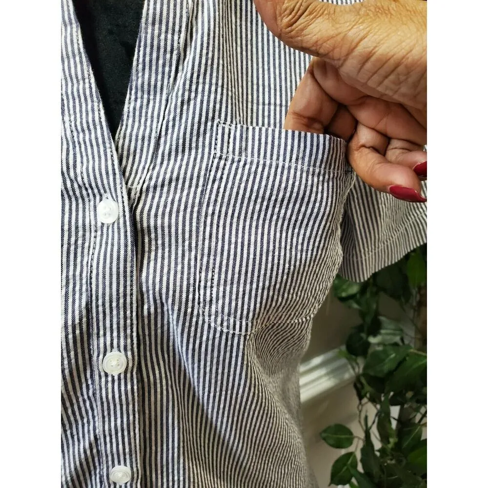 Karen Scott Women Blue / White Cotton Collared Short Sleeve Button Down Shirt PS - Image 5