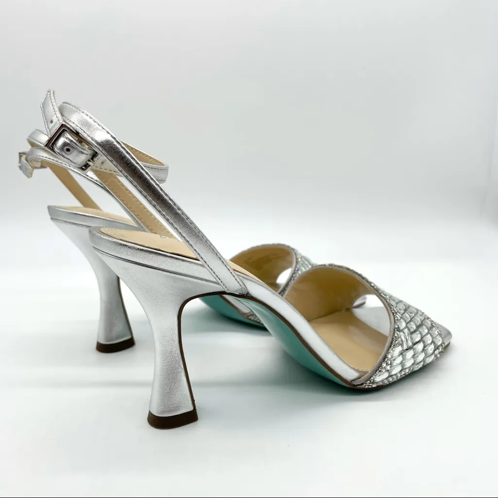 Betsey Johnson Silver Rhinestone Heels Glam Strappy Sandals, Metallic Party 9 - Image 4