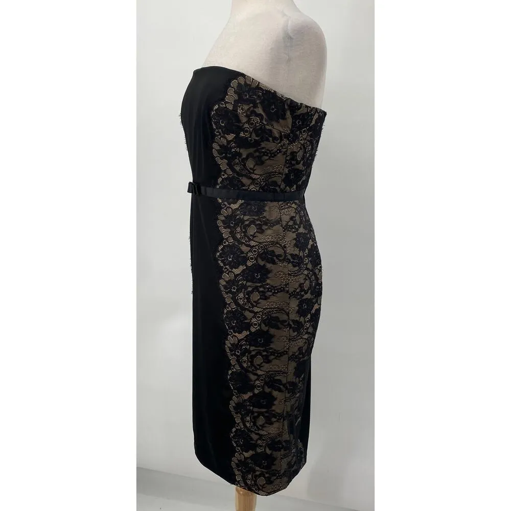 Vintage 90s Tadashi Strapless Mini Sheath Dress Lace Side Panels Satin Black 10 - Image 4