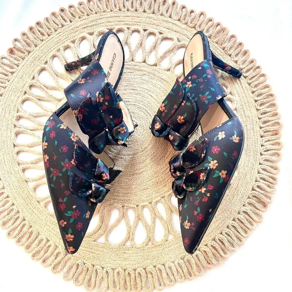 Gianni Bini Black Floral Print Twist Knot Pointed Toe Mules Size 10 - Image 6