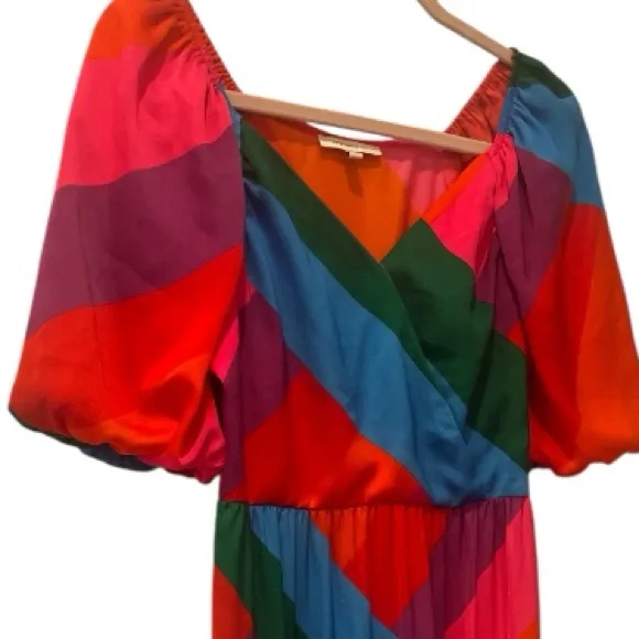 Skies Are Blue Bold Colorful Tiered Maxi Dress Puff Sleeve faux wrap size XS - Image 2