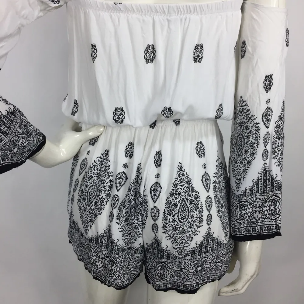 Solemio Printed Off the Shoulder Romper S - Image 6