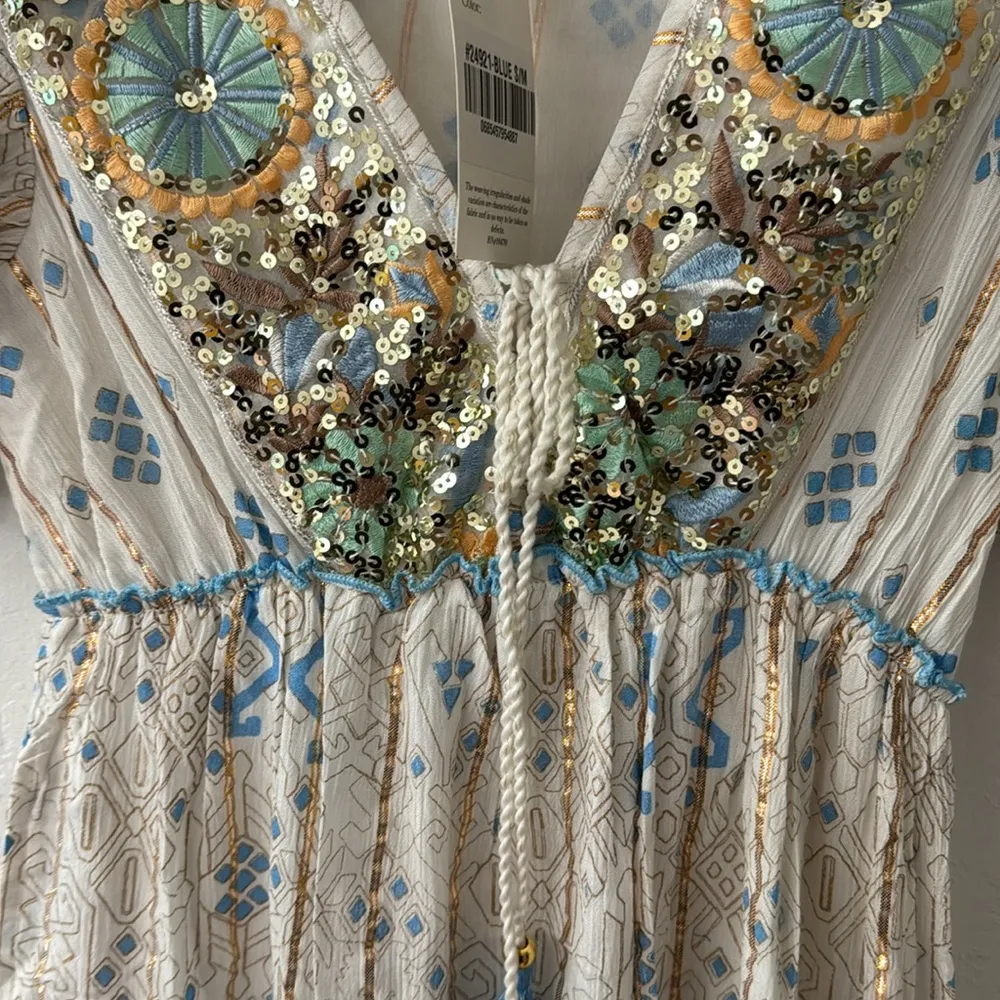 Boho Blue Gold Orange Metallic Sequin V Neck Tassel Made in India Tiered Dress Size undefined - Image 5