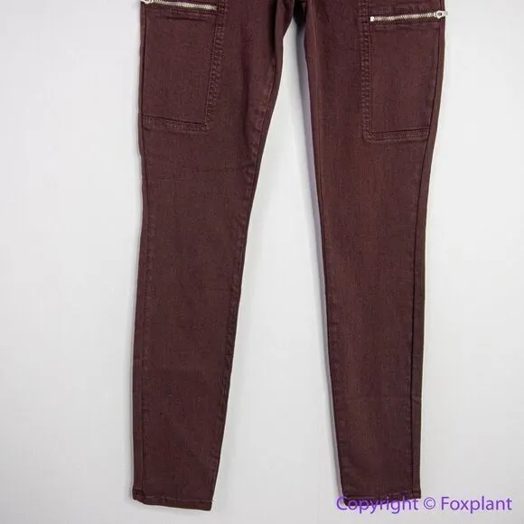 NEW Pistola Women's Zip Pocket‎ Hannah Cargo Skinny Moto Jeans Burgundy, 25 - Image 6