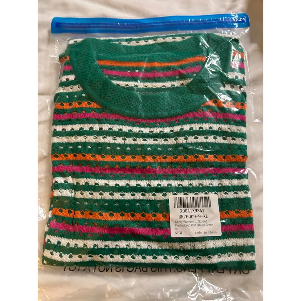 NEW Crewneck Short Sleeve Striped Knit Hollow Out Sweater Shirts Blouse XL Green - Image 4