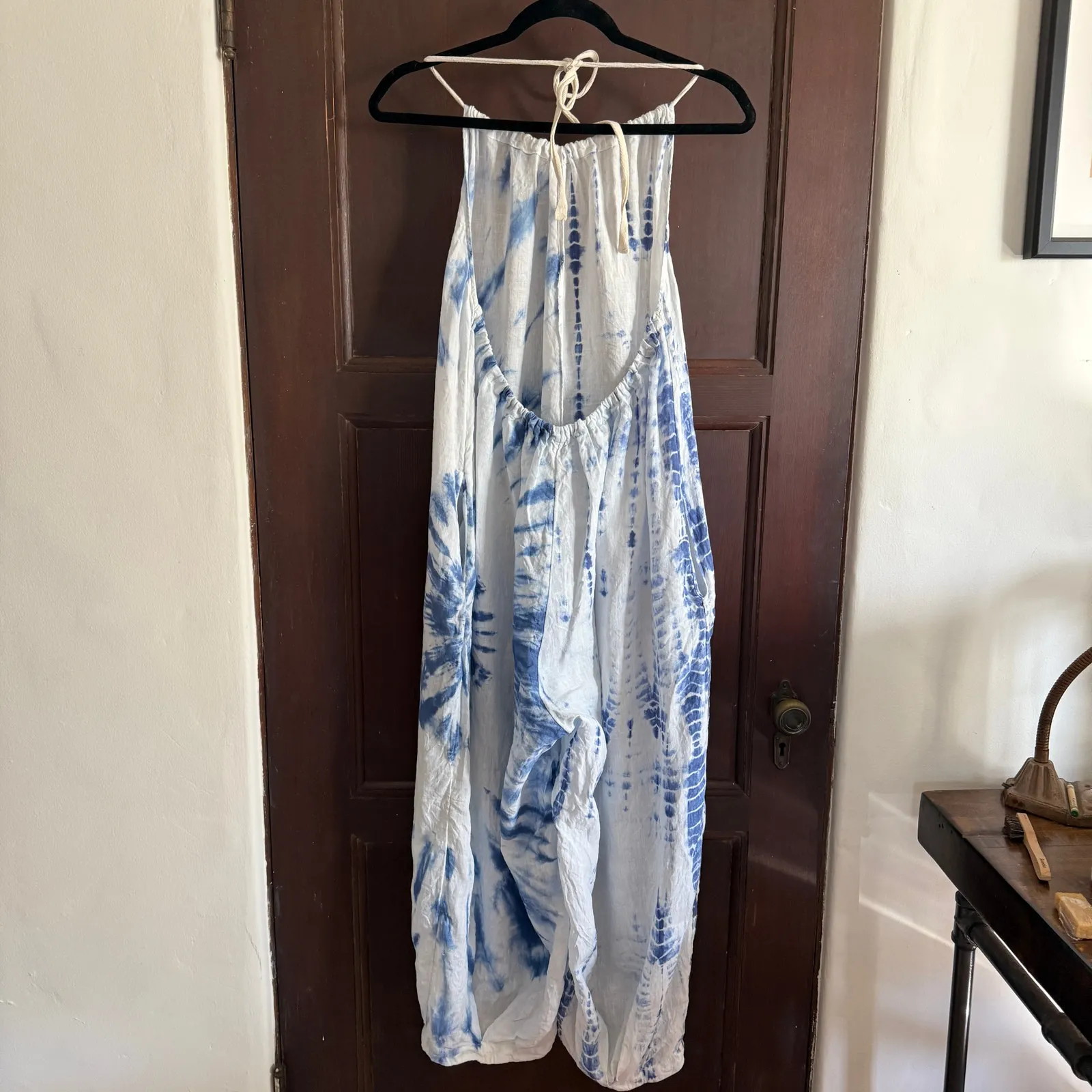 FREE PEOPLE Moody Blues Blue and White Tie Dye Balloon Leg Jumpsuit extra Small - Image 6