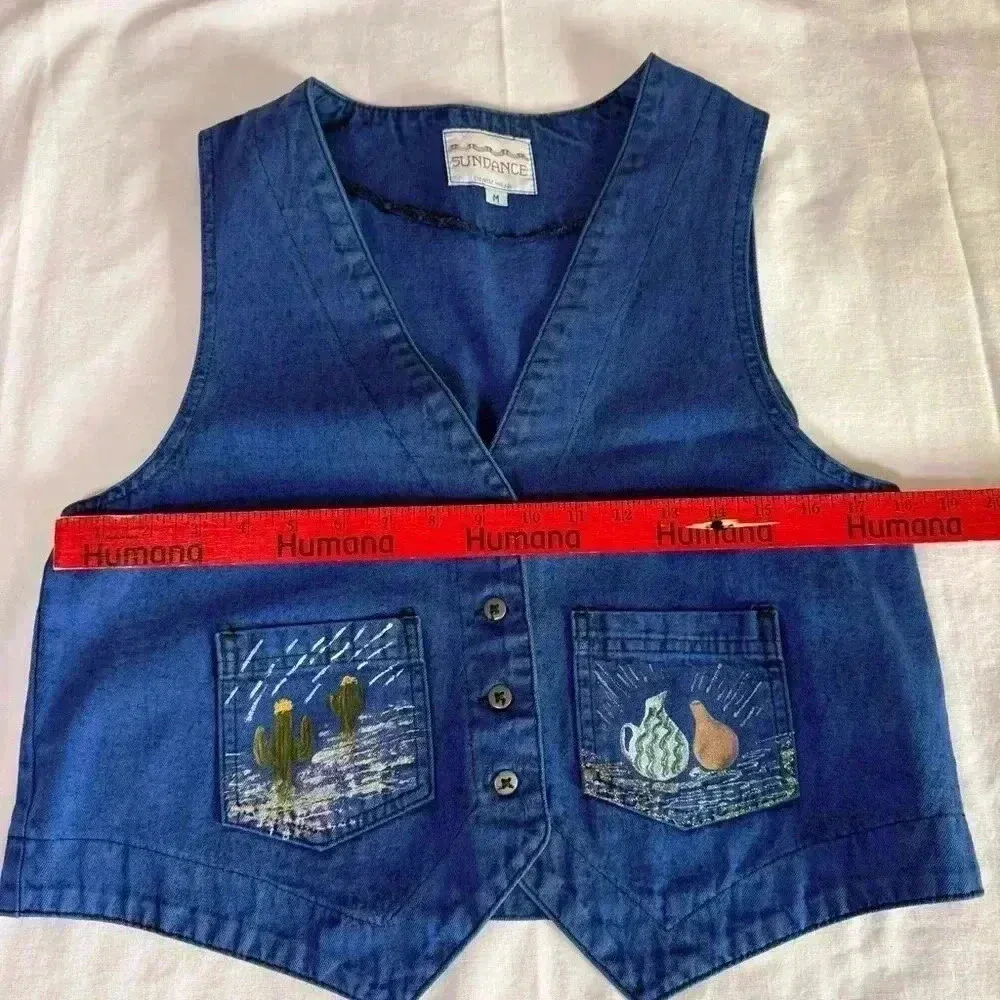 Vintage 80's Sundance Denim Vest Size Medium Acid Wash Painted Southwest Aztec - Image 5