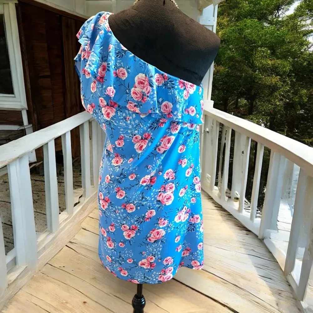 Andree By Unit Floral Ruffle Off Shoulder One Sleeve Dress Blue Pink Sz Small - Image 2