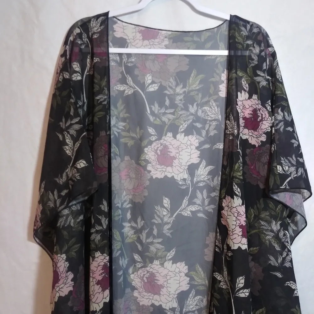 Hibluco Sheer Chiffon Black Floral Kimono Cardigan Long Swimwear Cover Up Sz 2XL - Image 3