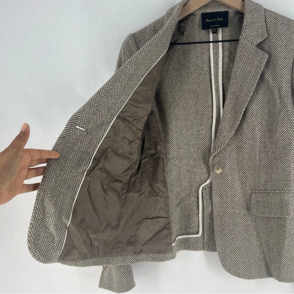 Massimo Dutti Women's Wool‎ Blend Herringbone 1 Button Blazer Tan White Size 6 - Image 7