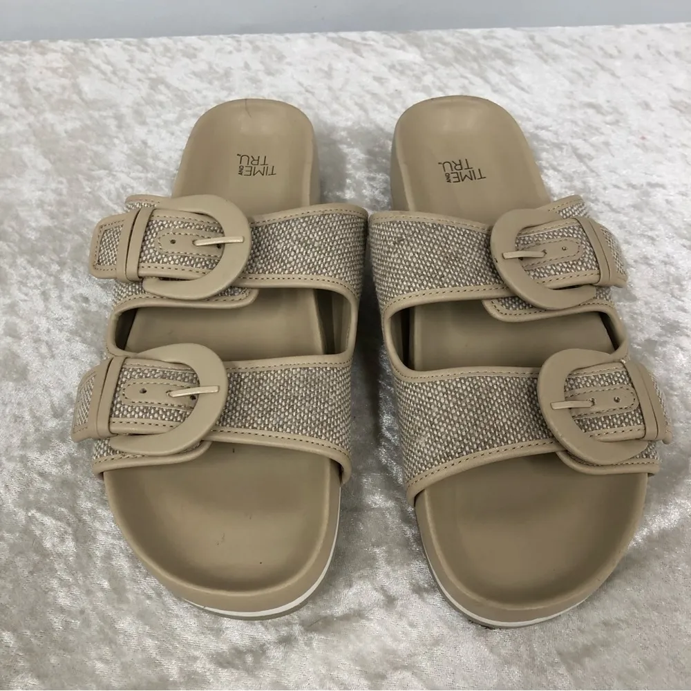 Time & Tru womens canvas size 9 beige & brown double strap slide on sandals - Image 3