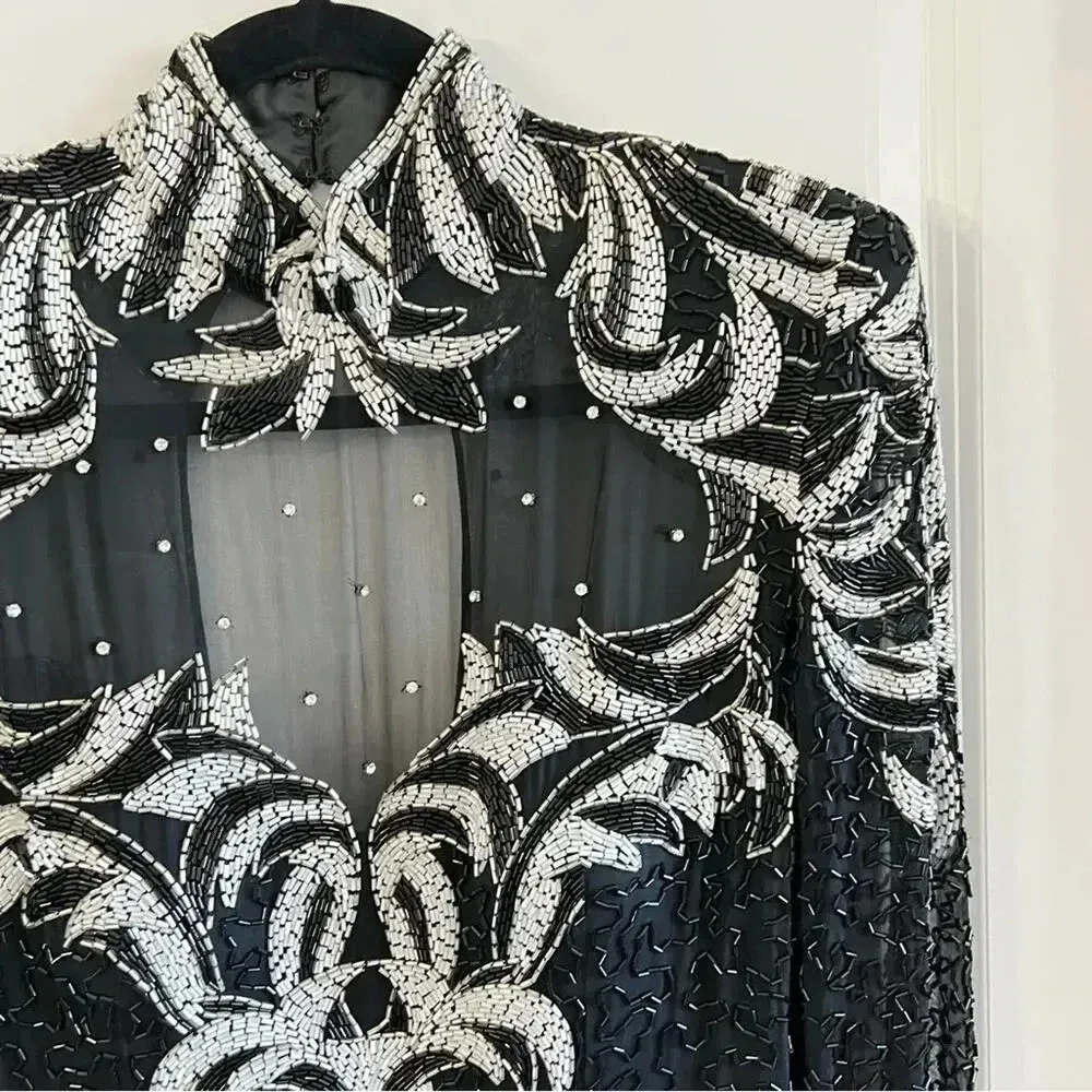 546 Vintage Lillie Rubin Black Beaded Long Sleeve Open Back Maxi Dress Size 6 - Image 2