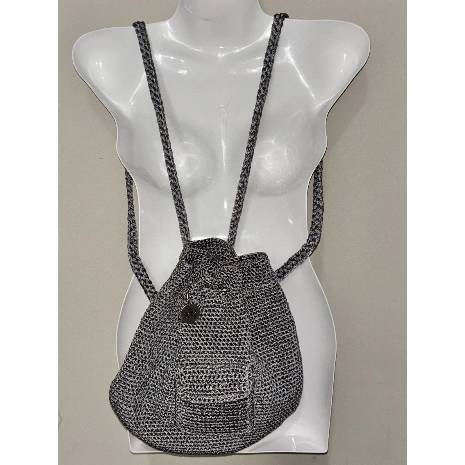 The Sak Bohemian Gray Crochet Drawstring Backpack Bucket Bag Purse - Image 4